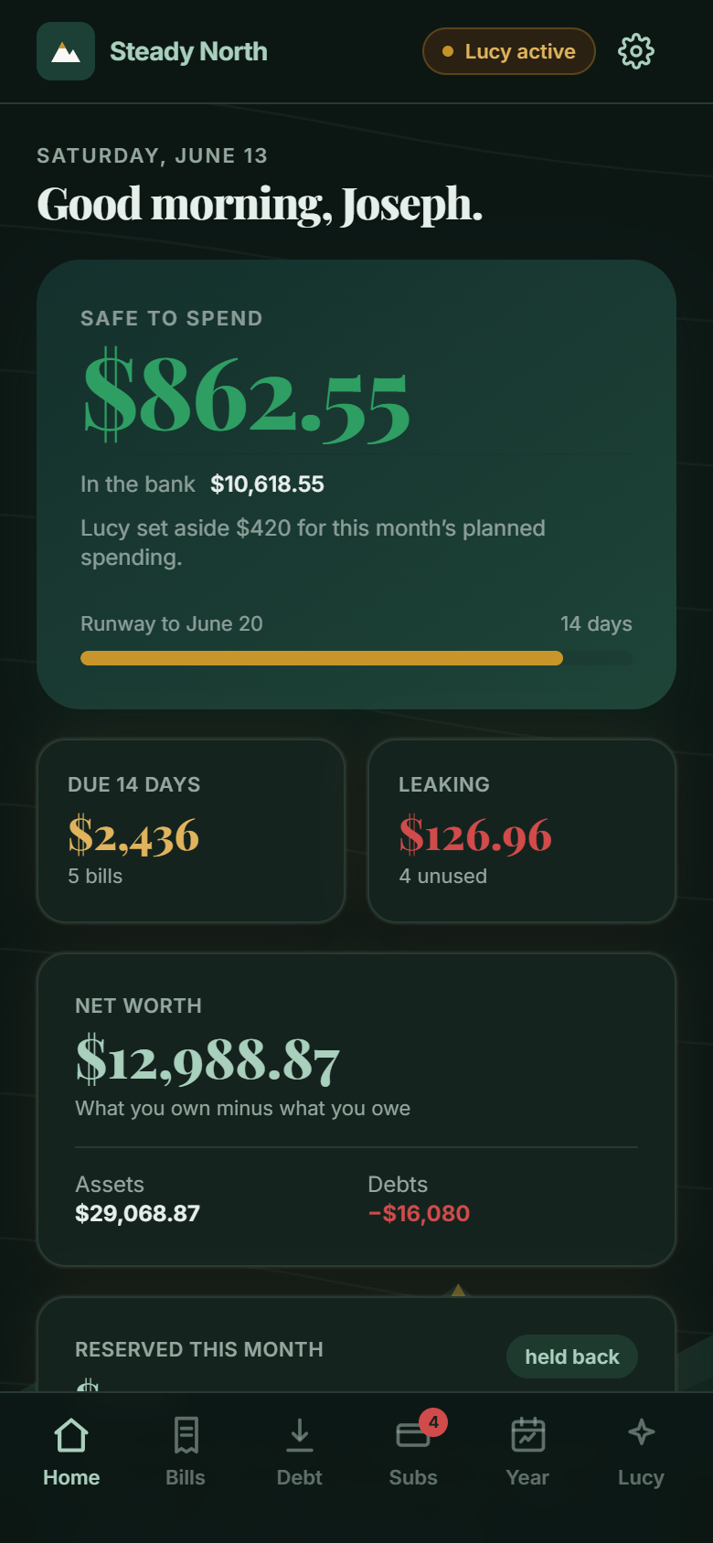 Steady North home screen showing Safe to Spend